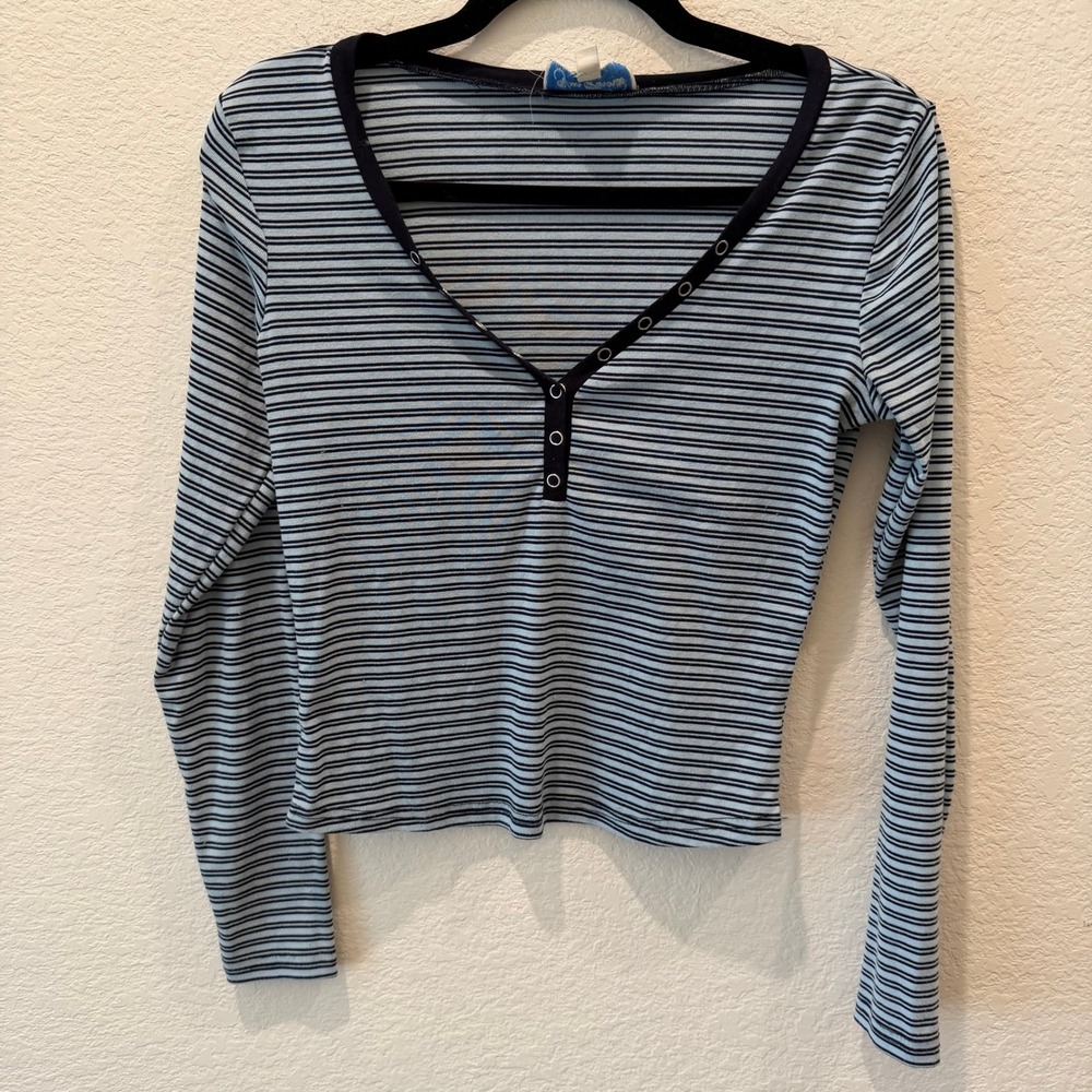PacSun Your Favorite Blue Striped Long Sleeve Henley V-Neck Top Small